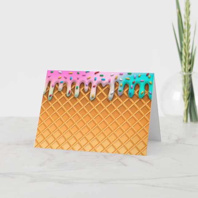 Ice Cream Drip Waffle Cone Pink With Sprinkles Card (Front)