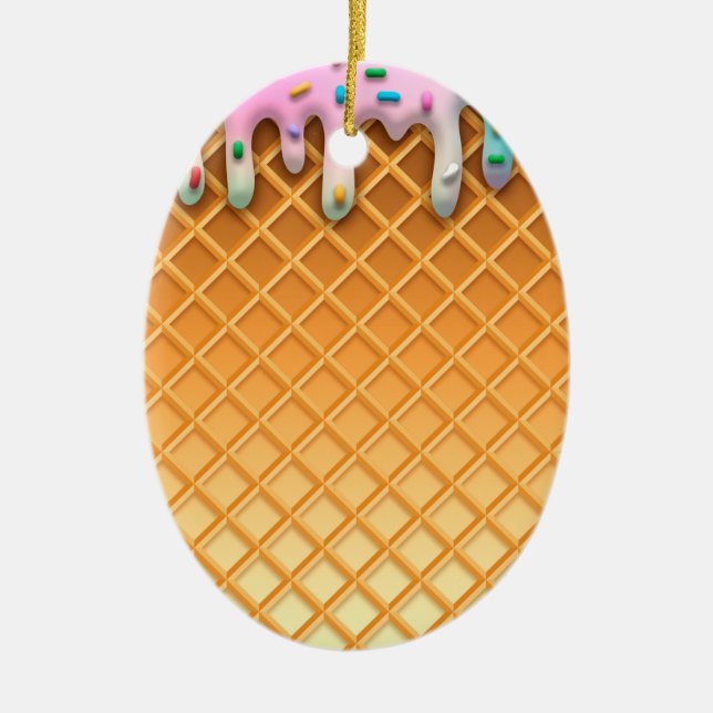 Ice Cream Drip Waffle Cone Pink With Sprinkles Ceramic Ornament (Front)