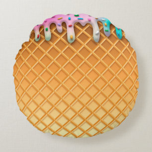 Ice Cream Drip Waffle Cone Pink With Sprinkles Round Pillow