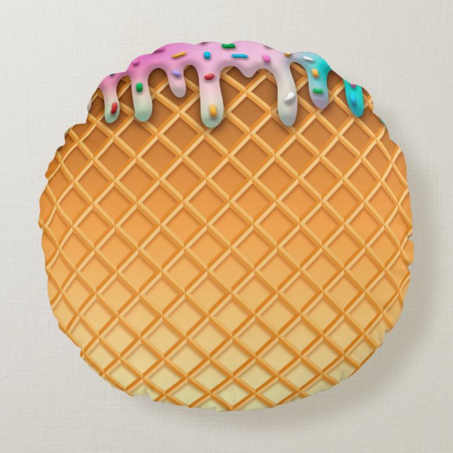 Ice Cream Drip Waffle Cone Pink With Sprinkles Round Pillow (Front)