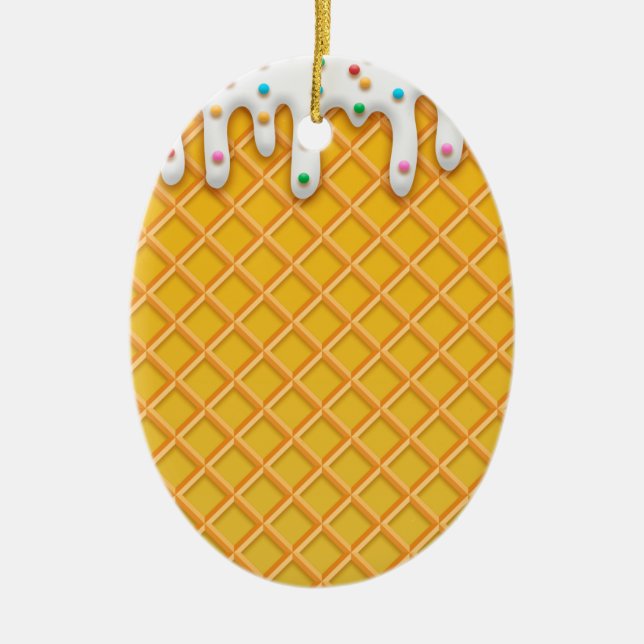 Ice Cream Drip Waffle Cone With Sprinkles Ceramic Ornament (Front)