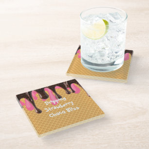 Ice Cream,Dripping Strawberry Choco Bliss, Glass Coaster