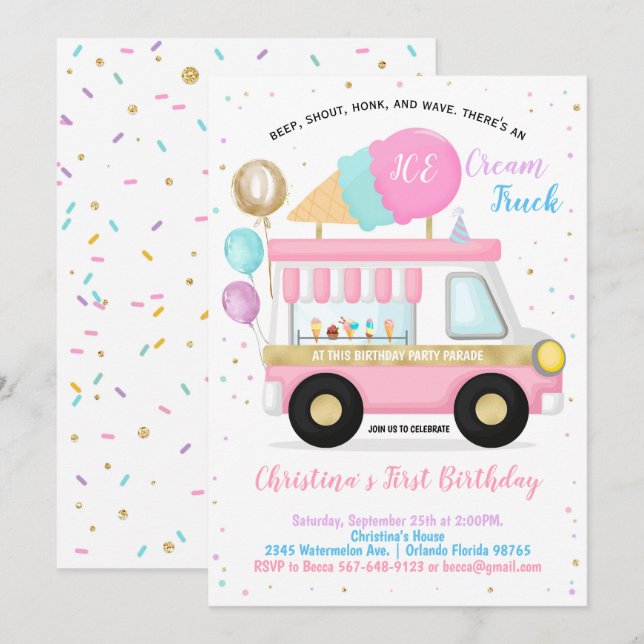 Ice Cream Drive By Birthday Parade Invitation (Front/Back)