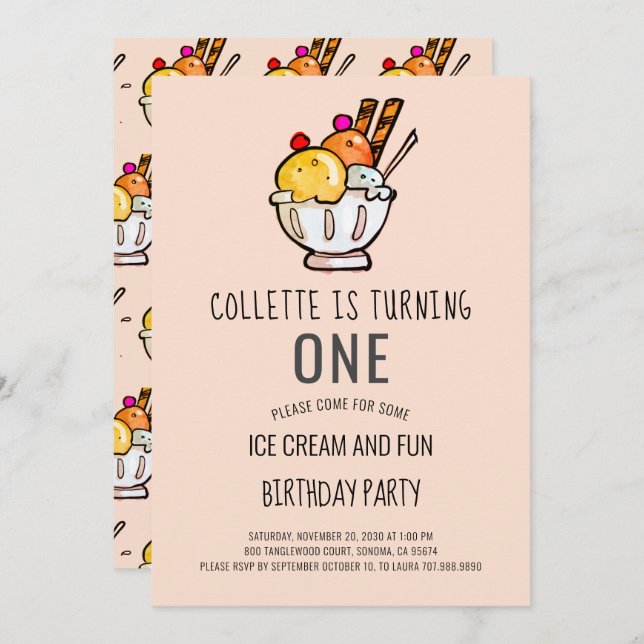 Ice Cream First Birthday Invitation (Devant / Derrière)