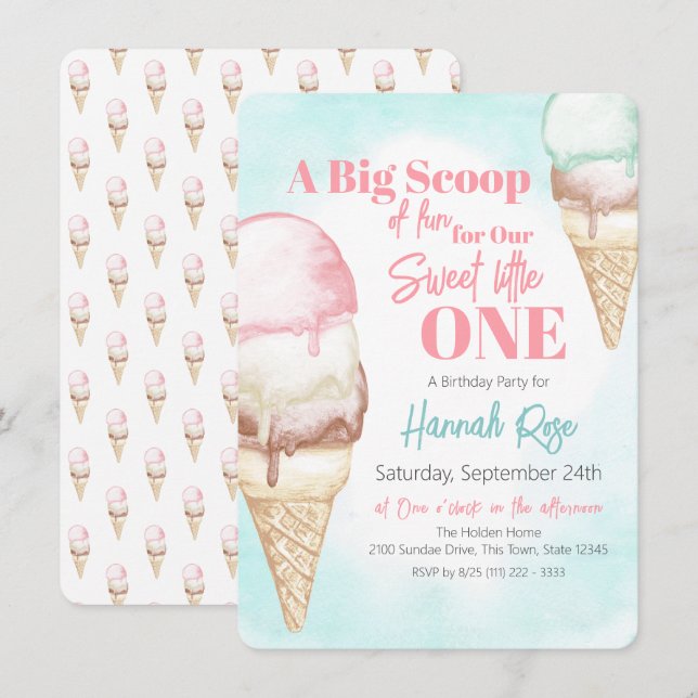 Ice Cream First Birthday Party Invitation (Front/Back)