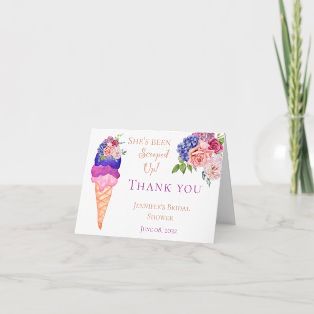 Ice Cream Floral Bridal Shower She's Scooped Up Thank You Card (Front)