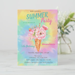 Ice cream Flowers Fruits Summer Tye Dye Birthday  Invitation