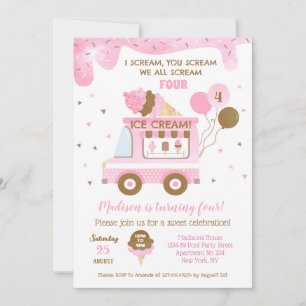 Ice Cream Four 4th Birthday Party Invitations