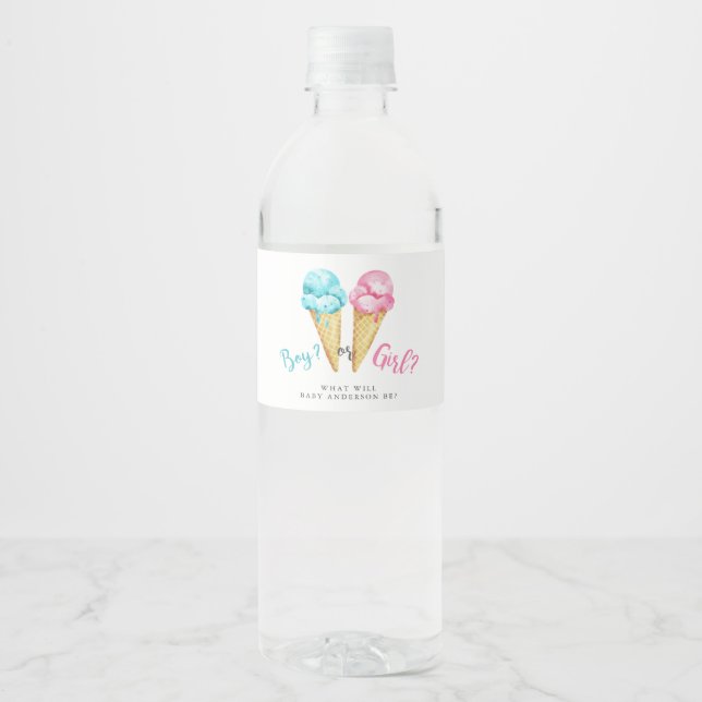 Ice Cream Gender Reveal Party Watercolor Water Bottle Label (Front)