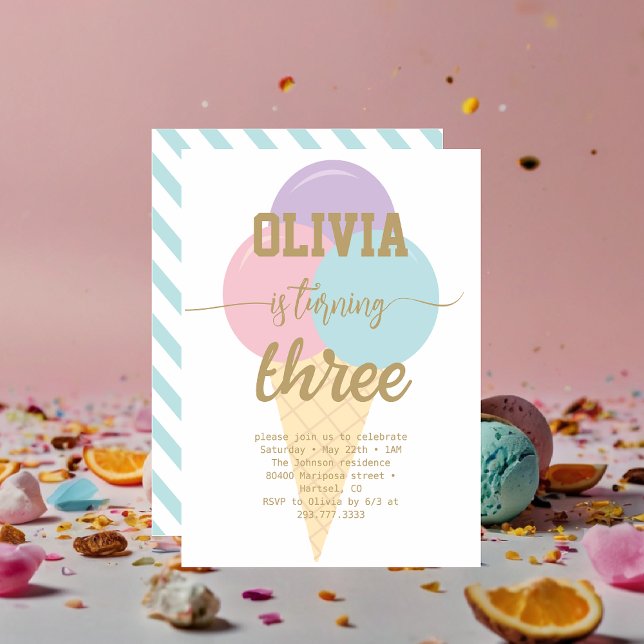 Ice Cream Gold Foil Calligraphy Birthday Party Invitation (Creator Uploaded)