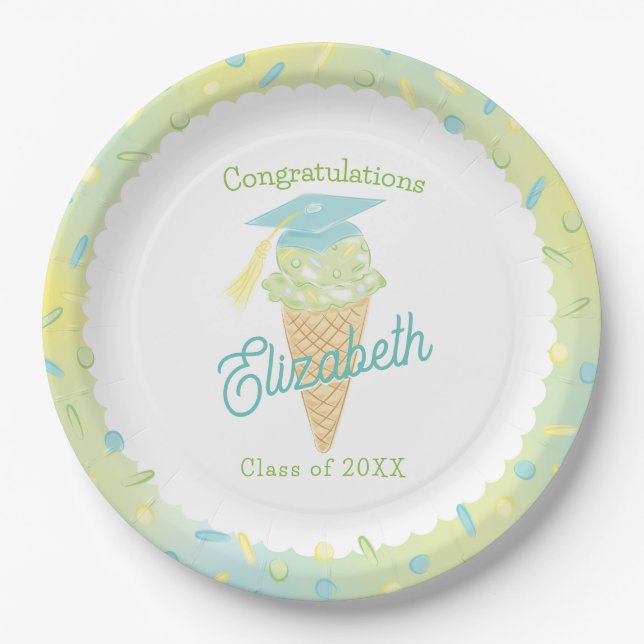 Ice Cream Graduation Party Blue Green Paper Plate (Front)