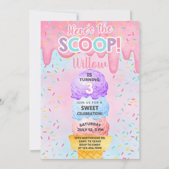 Ice cream here's the scoop 3rd birthday invitation (Front)