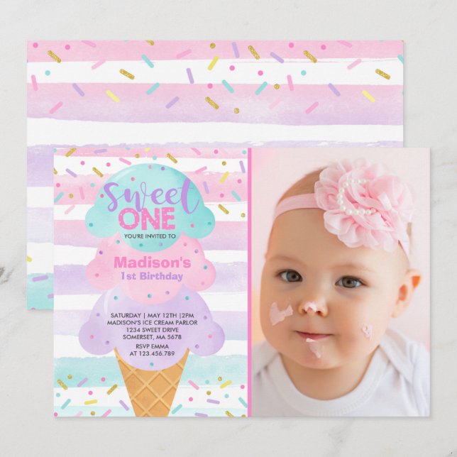 Ice Cream Invitation Sweet One 1st Birthday (Front/Back)