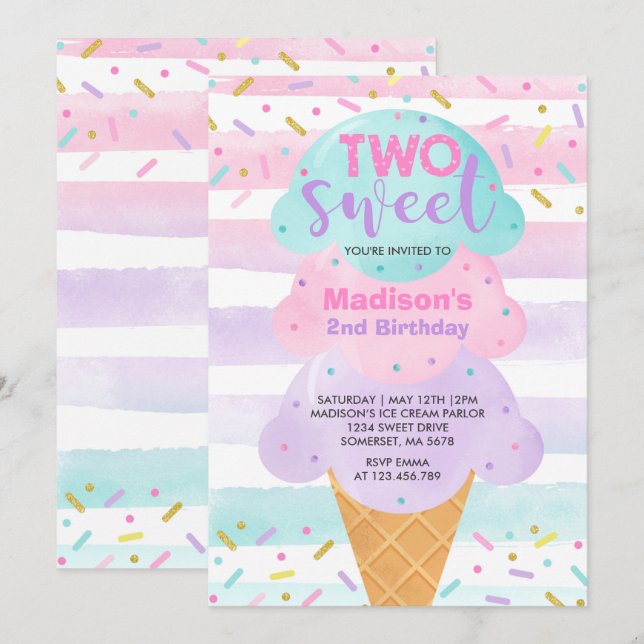 Ice Cream Invitation Two Sweet 2nd Birthday (Front/Back)
