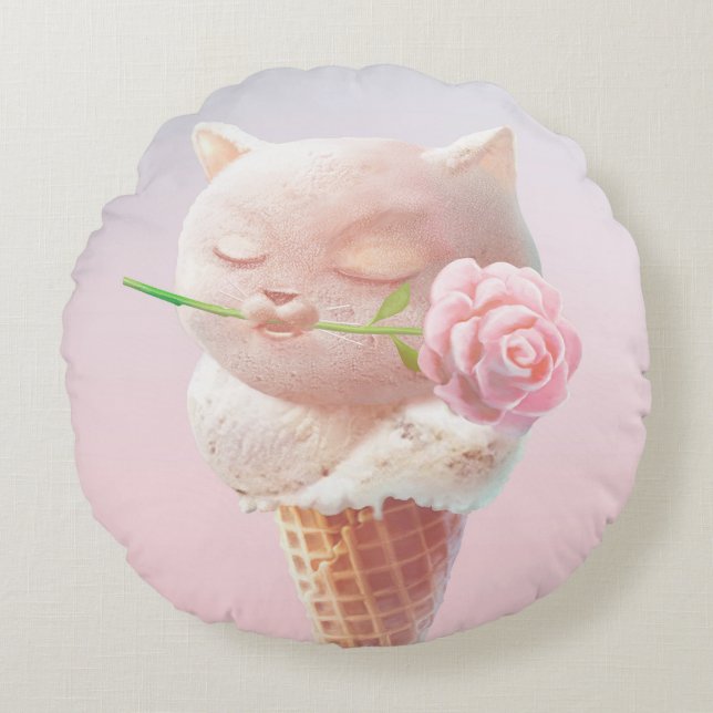 Ice Cream Kitty – Rosy & Dreamy Round Pillow (Front)