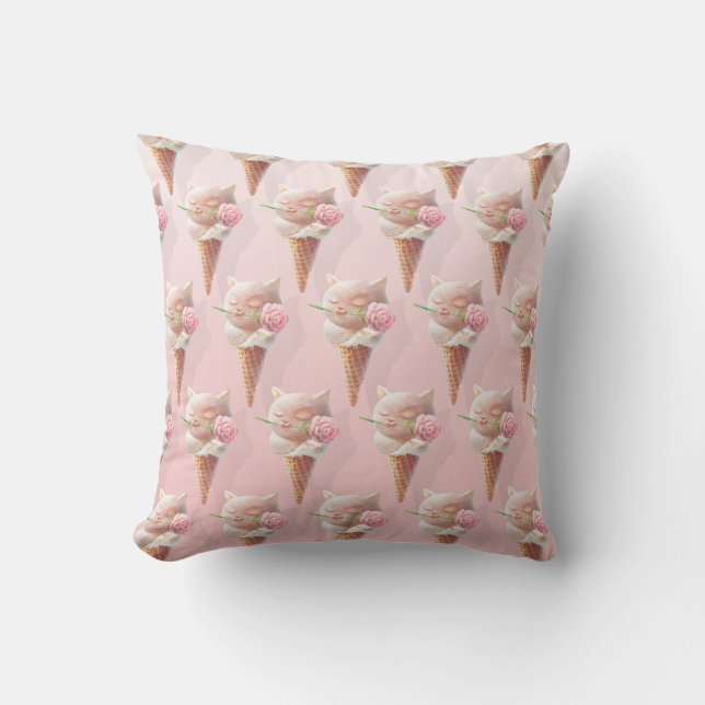 Ice Cream Kitty – Rosy & Dreamy Throw Pillow (Front)