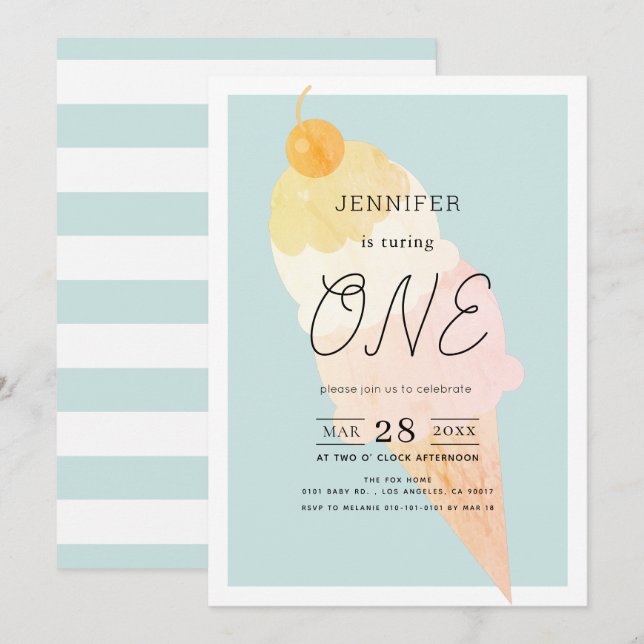 Ice Cream Light Blue 1st Birthday Invitation (Front/Back)