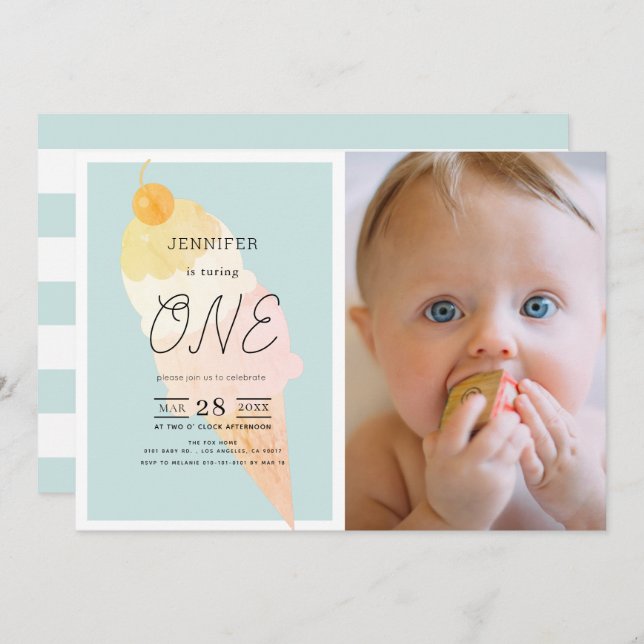 Ice Cream Light Blue 1st Birthday Invitation (Front/Back)