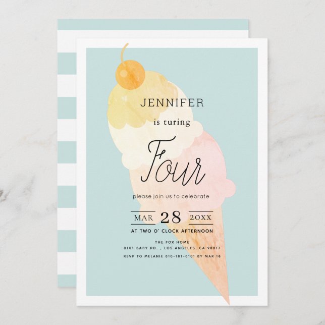 Ice Cream Light Blue Birthday Invitation (Front/Back)