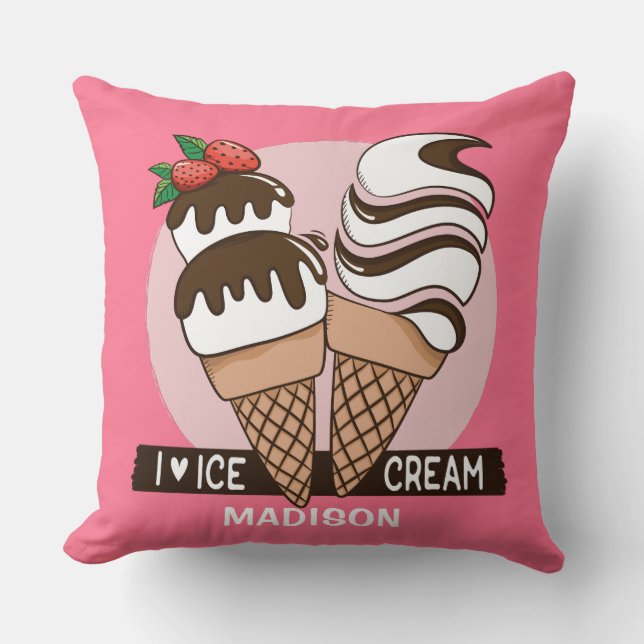 Ice Cream Lover custom name & colour throw pillows (Front)