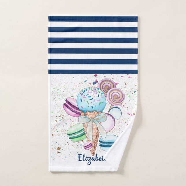  Ice cream Macaroons Navy Blue White Striped Bath Towel Set (Hand Towel)