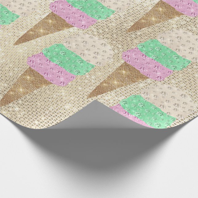 Ice Cream Mint Green Pink Ivory Metallic Sparkly Wrapping Paper (Corner)