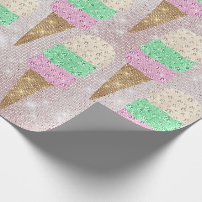 Ice Cream Mint Pink Pastel Ivory Sparkly Sweet Wrapping Paper (Corner)