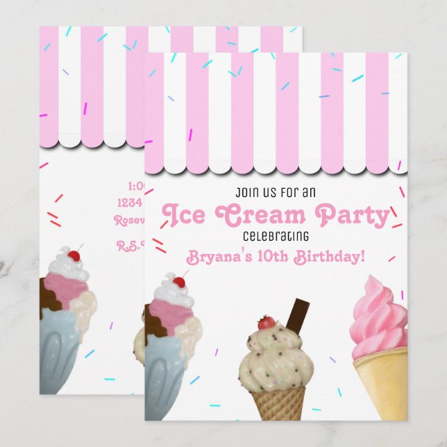 Ice Cream Parlour Party Birthday Celebration Pink  Invitation (Front/Back)