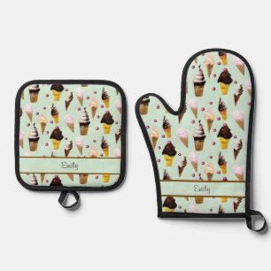Ice Cream Parlour Retro Green Personalized Apron Oven Mitt & Pot Holder Set