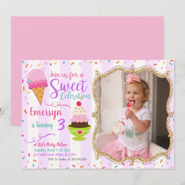 Ice Cream Party Birthday Invitation With Photo (Front/Back)