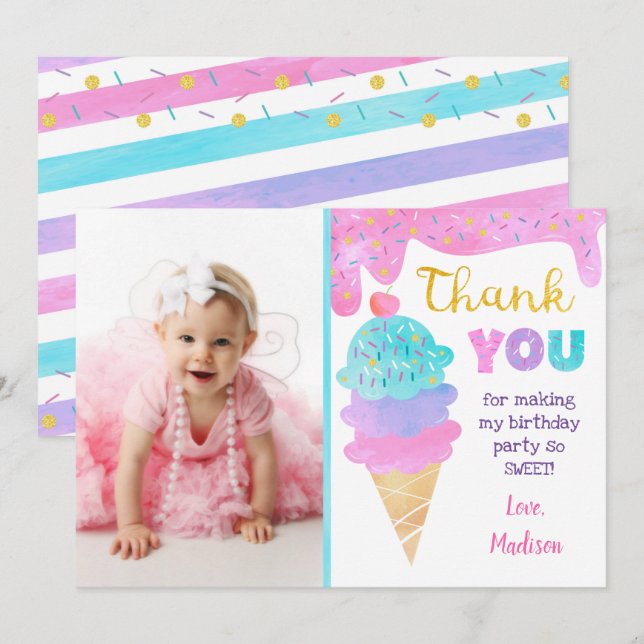Ice Cream Party Birthday Thank You Cards  (Front/Back)