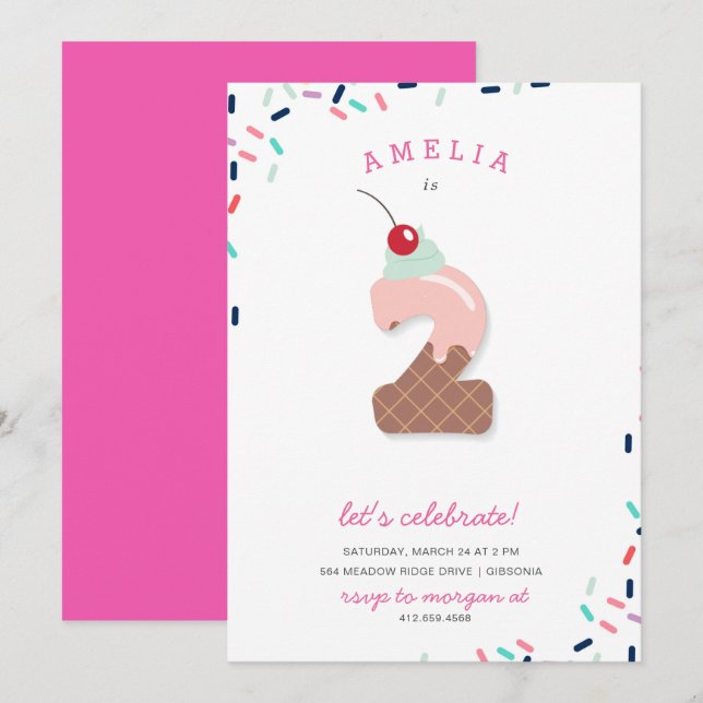 Ice Cream Party Kids Pink Birthday Invitation (Front/Back)