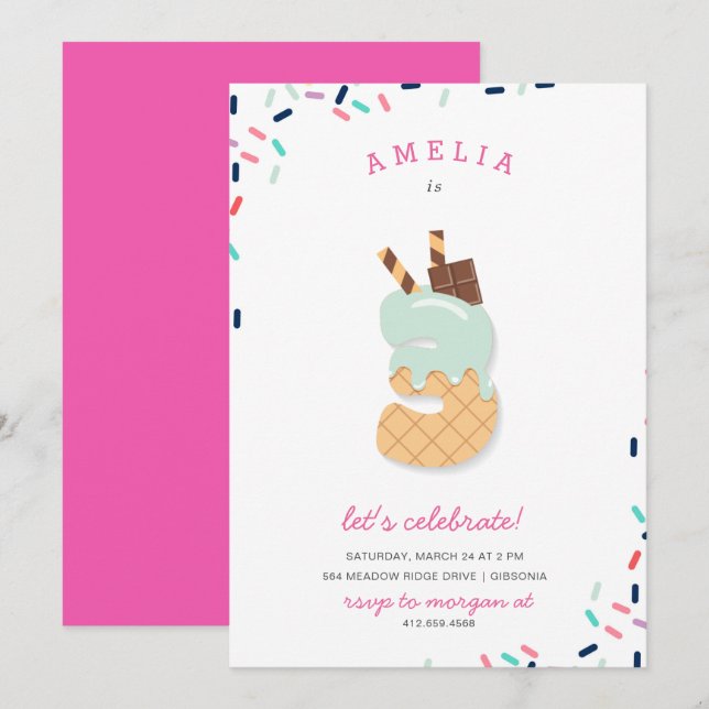 Ice Cream Party Kids Pink Birthday Invitation (Front/Back)