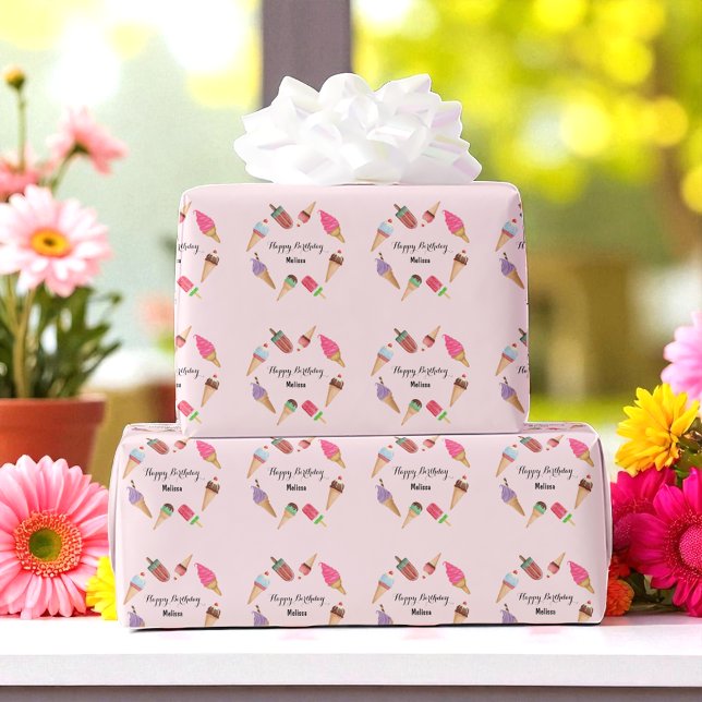 Ice Cream Party Popsicles Cones Pink Wrapping Paper (Creator Uploaded)