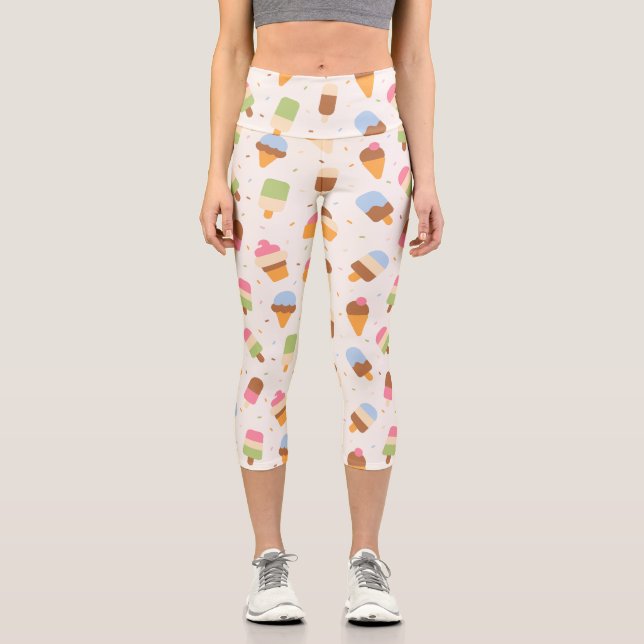 Ice Cream Pattern, Ice Cream Cone, Ice Popsicle Capri Leggings (Front)