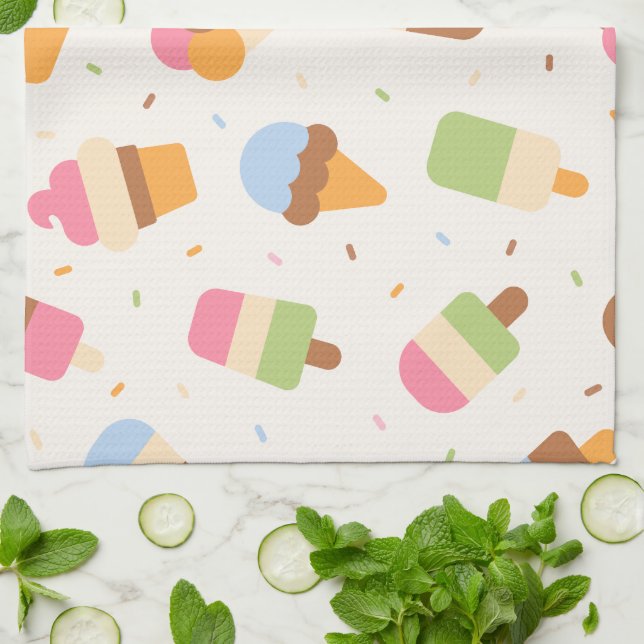 Ice Cream Pattern, Ice Cream Cone, Ice Popsicle Kitchen Towel (Folded)