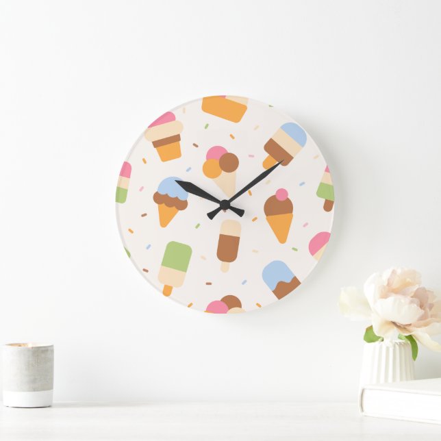 Ice Cream Pattern, Ice Cream Cone, Ice Popsicle Large Clock (Home)