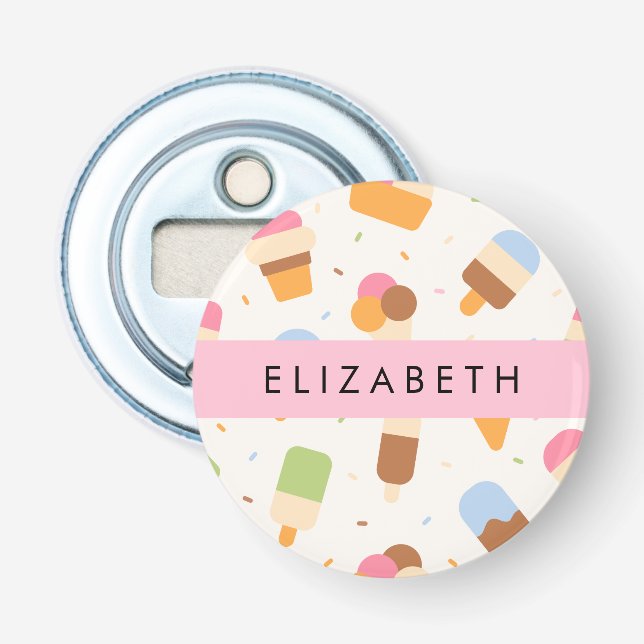 Ice Cream Pattern, Ice Cream Cone, Your Name Bottle Opener (Front)