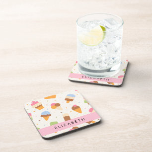 Ice Cream Pattern, Ice Cream Cone, Your Name Coaster