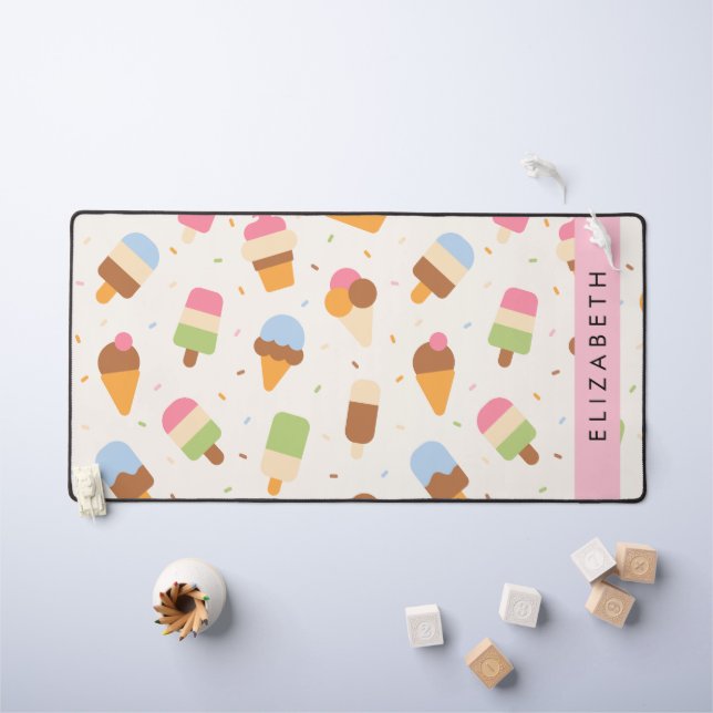 Ice Cream Pattern, Ice Cream Cone, Your Name Desk Mat (Kids Table)