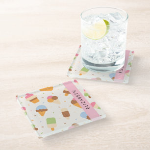 Ice Cream Pattern, Ice Cream Cone, Your Name Glass Coaster