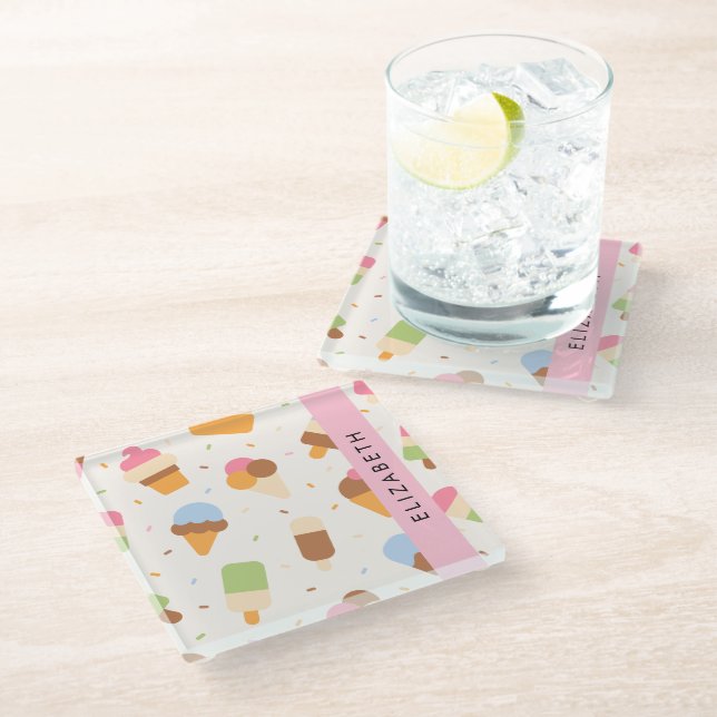 Ice Cream Pattern, Ice Cream Cone, Your Name Glass Coaster (Angled)