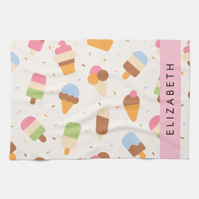 Ice Cream Pattern, Ice Cream Cone, Your Name Kitchen Towel (Horizontal)