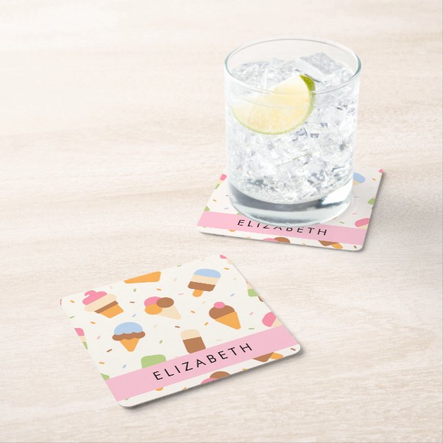 Ice Cream Pattern, Ice Cream Cone, Your Name Square Paper Coaster (Insitu)