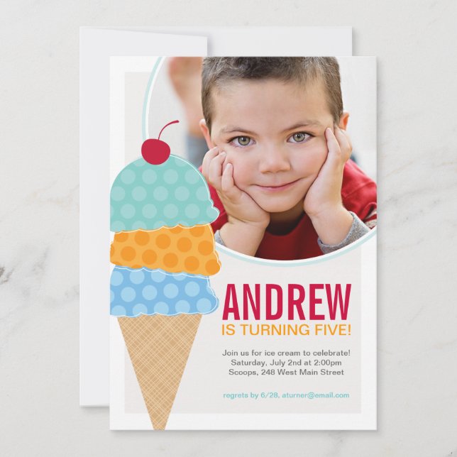 Ice Cream Photo Birthday Invitation in Aqua (Front)