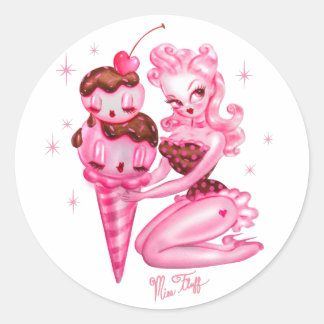 Ice Cream Pin Up Doll -Cherry Chocolate Sauce Classic Round Sticker