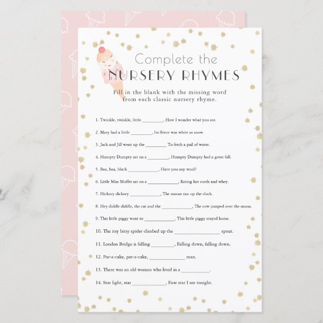 Ice Cream Pink Baby Shower Nursery Rhymes (Front/Back)