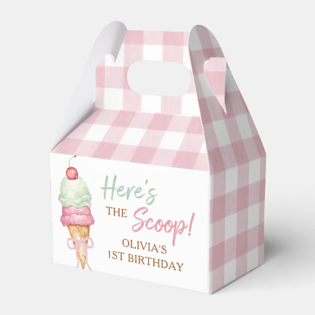 Ice Cream Pink Bow Gingham Birthday Party Favor Box (Front Side)