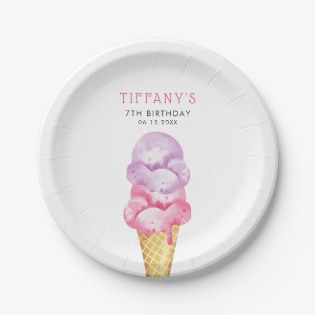 Ice Cream Pink Girls Birthday Party Paper Plate (Front)