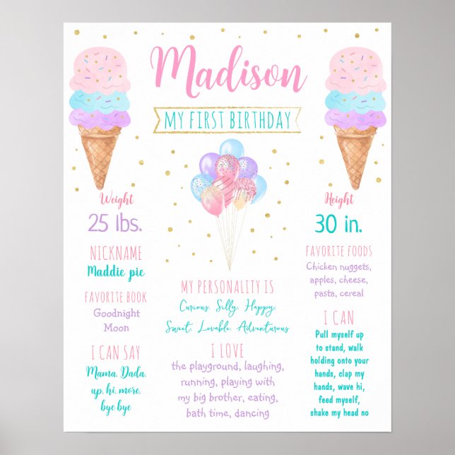 Ice Cream Pink Gold First Birthday Milestone Poster (Front)